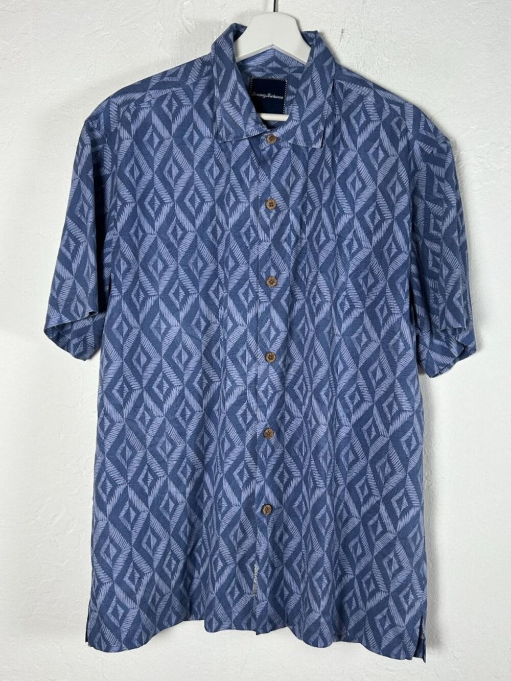Tommy Bahama Shirt Mens Large Blue Geometric Diamond Ikat Silk Blend Camp Aloha